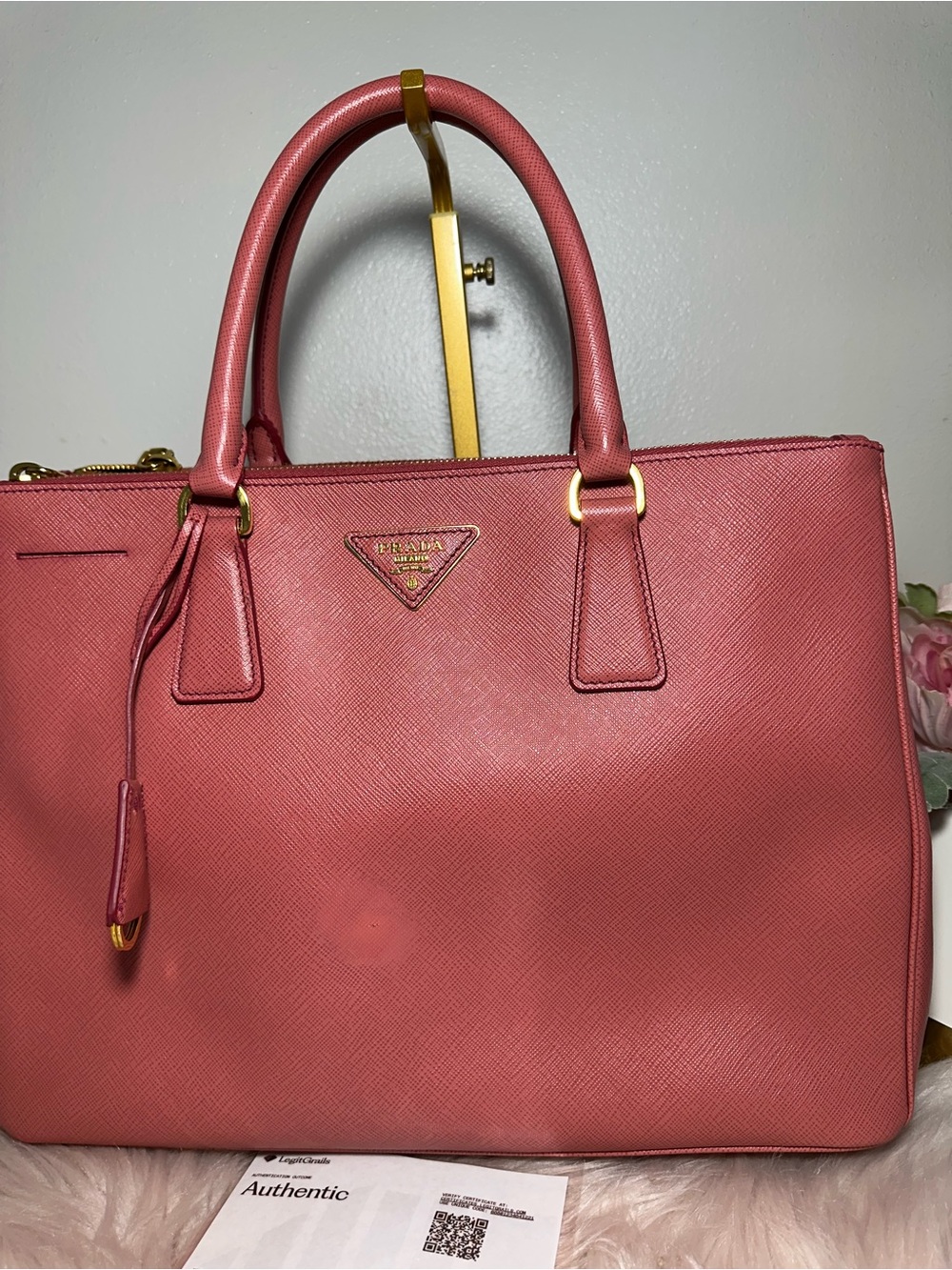 Prada Pink Saffiano Leather Satchel with Gold Hardware
